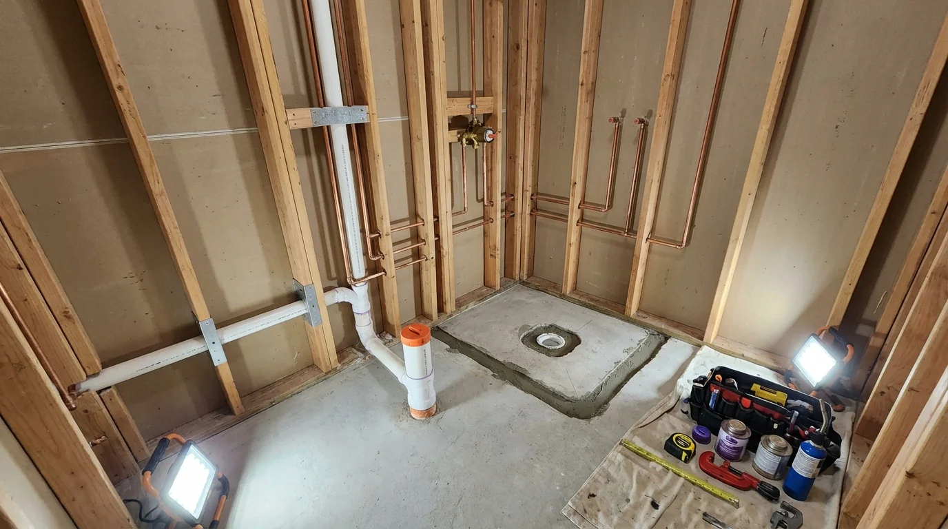 Bathroom rough-in plumbing during remodel by Johns Plumbing LLC in Suncook