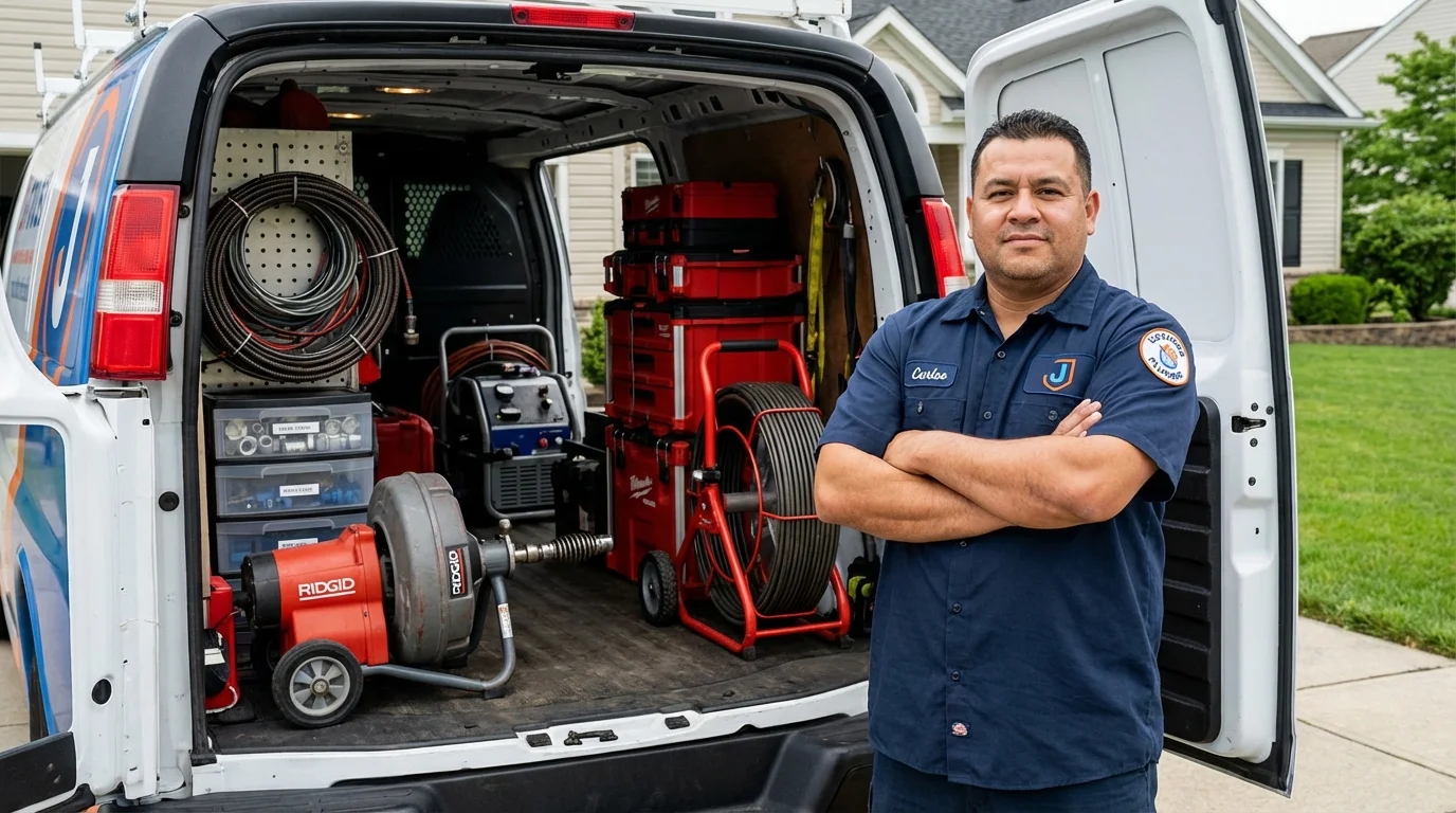 Professional drain cleaning equipment and Johns Plumbing LLC plumber in Suncook