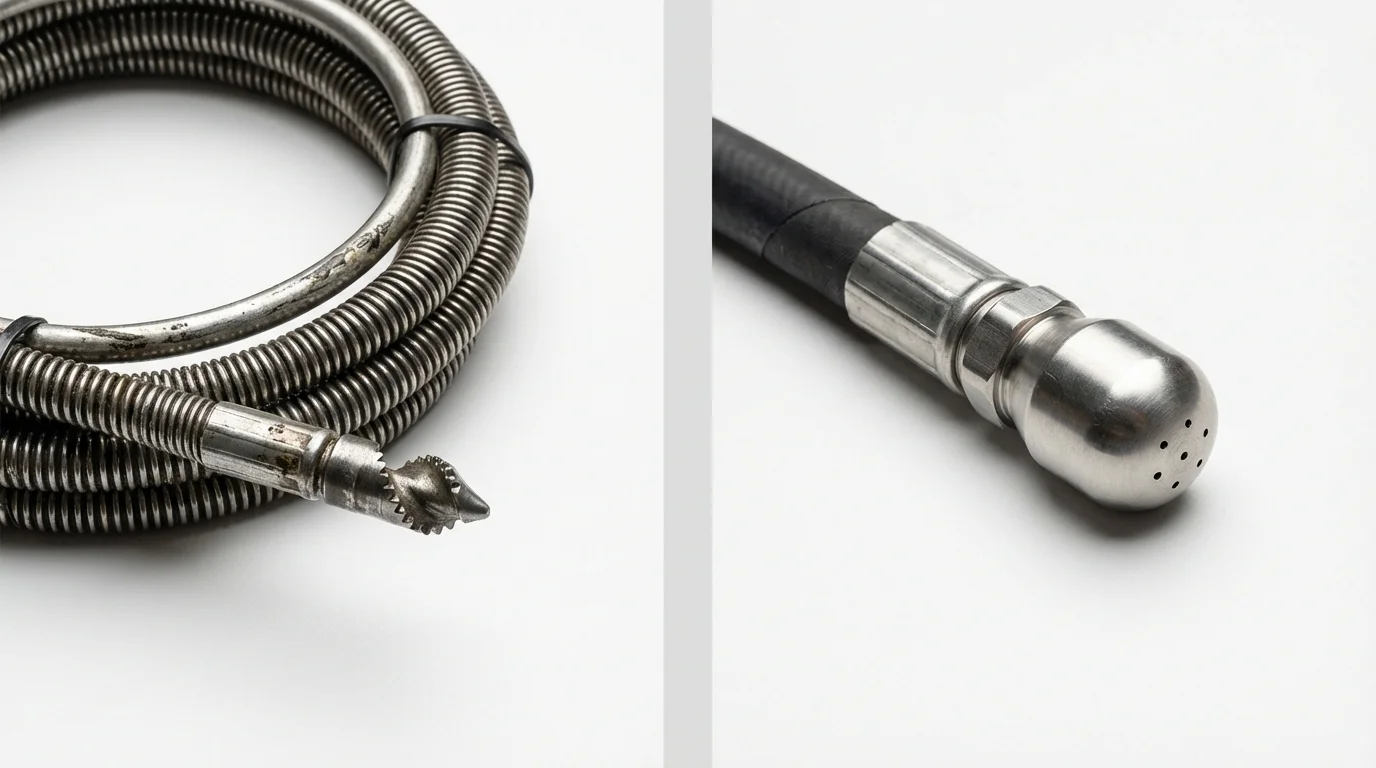 Drain snake cable and hydro jetting nozzle used for drain cleaning in Suncook, NH