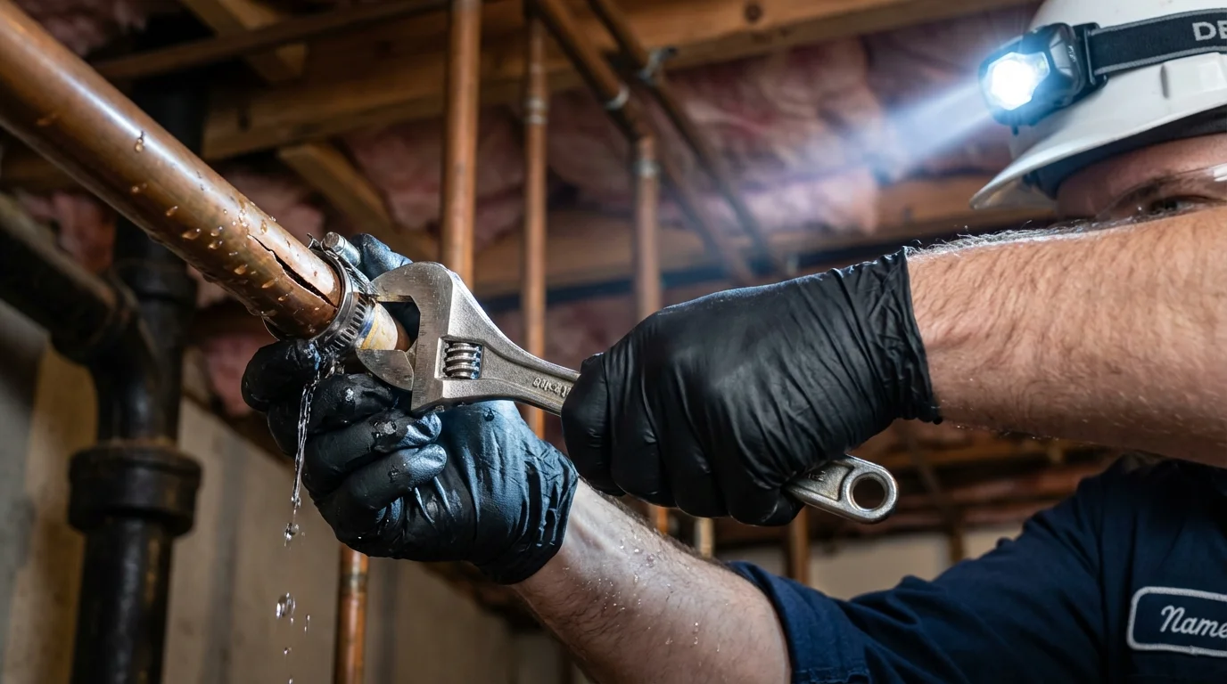 Emergency pipe clamp repair being performed by a Johns Plumbing LLC plumber in Suncook
