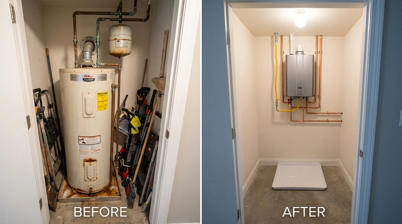 Tank water heater versus wall-mounted tankless unit comparison for Suncook, NH homeowners