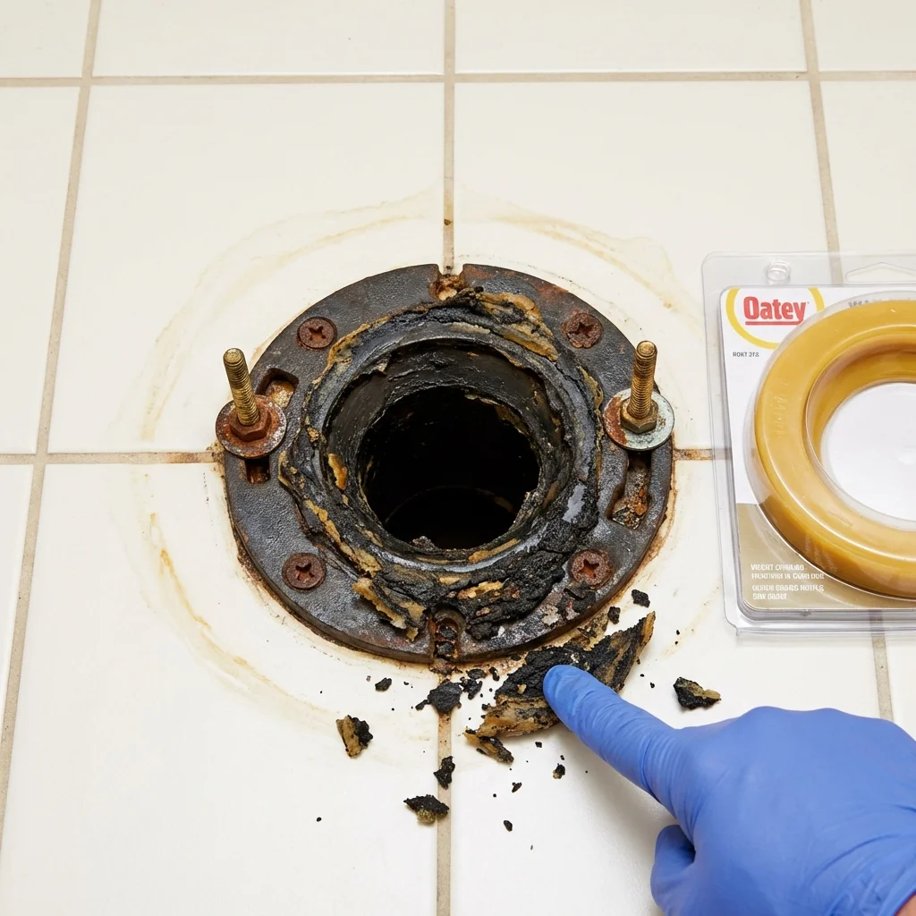 Failed wax ring showing water seepage at the base of a toilet in a Suncook, NH home