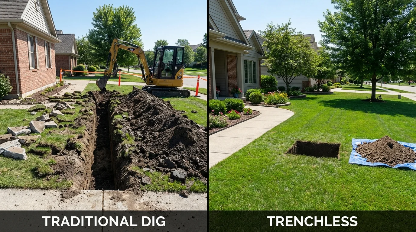 Trenchless sewer repair with minimal yard damage versus traditional excavation in Suncook, NH
